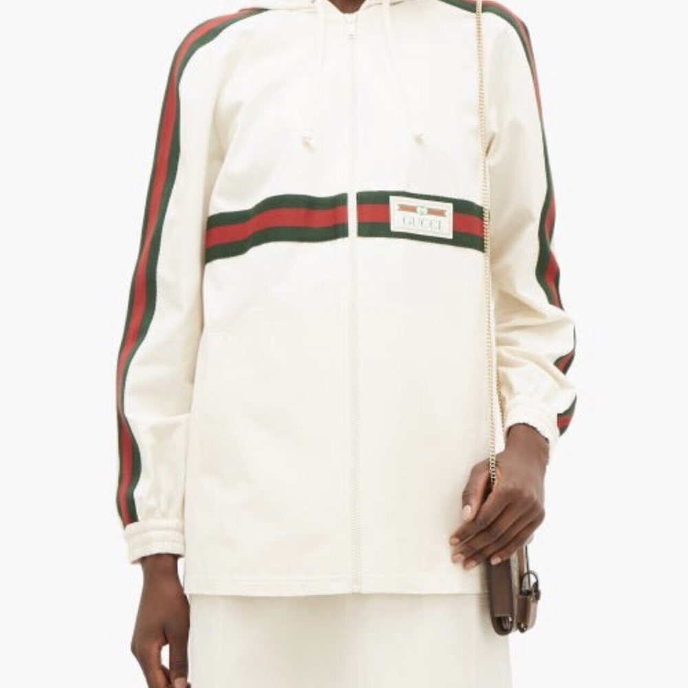 GUCCI - WEB-STRIPED BACK-PLEAT COTTON JACKET - WOMENS - IVORY MULTI SIZE SMALL